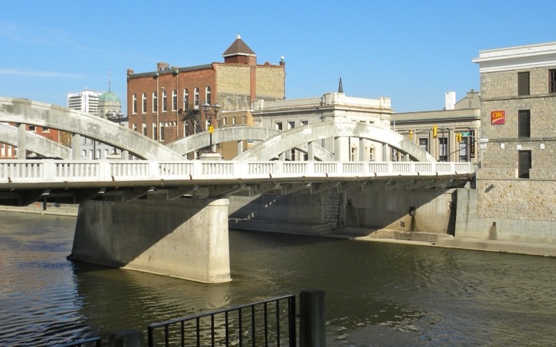 Arched Main Street Bridge over the Grand River in downtown Galt