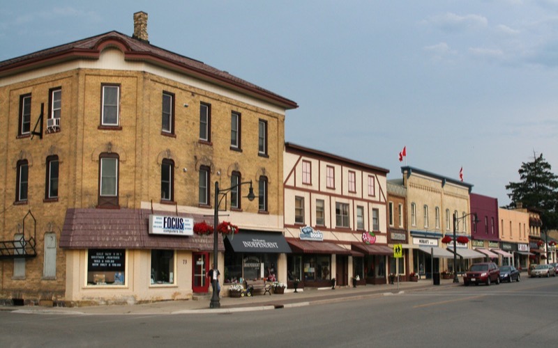 Historic brick storefronts along the main street of downtown New Hamburg